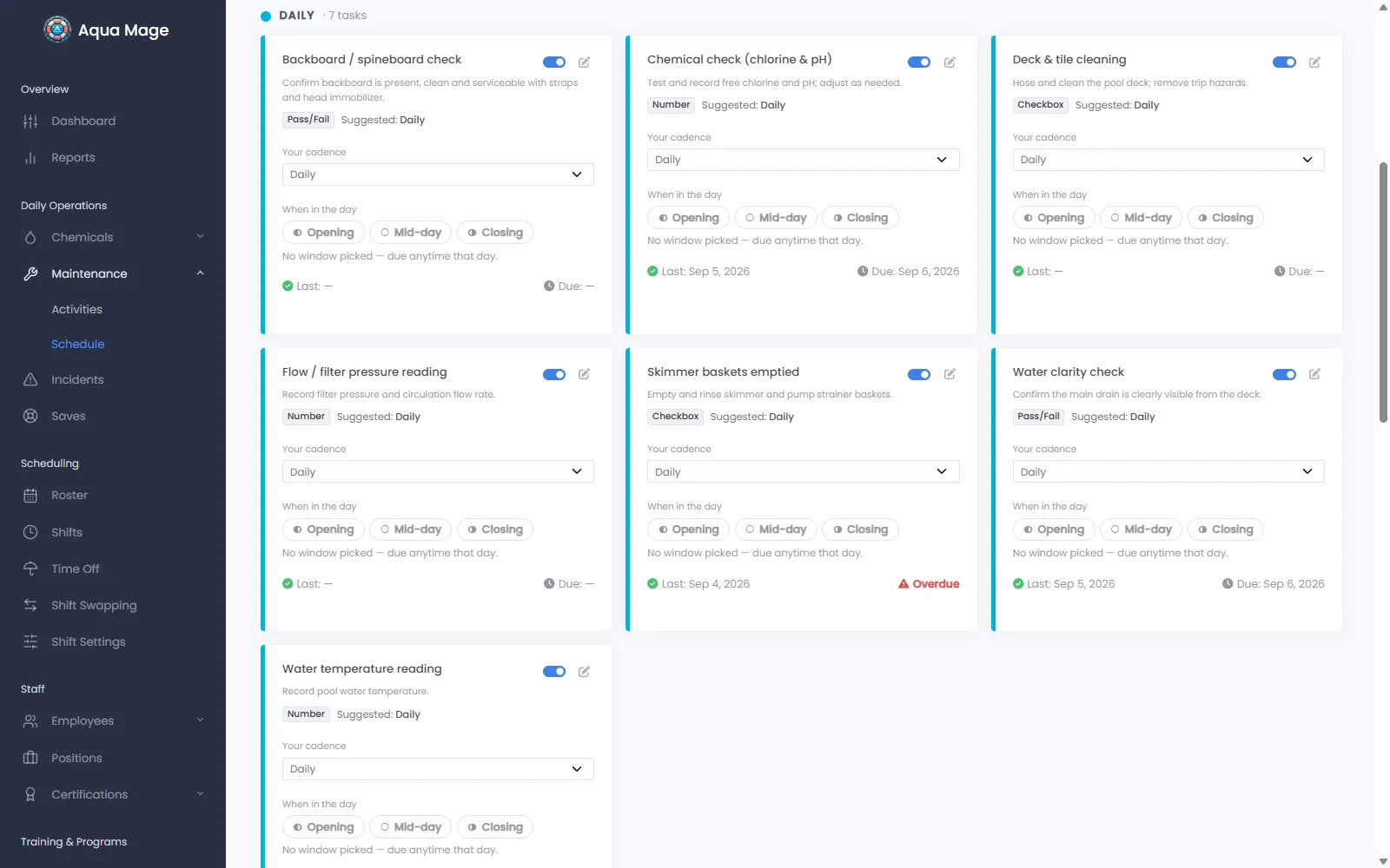 Aqua Mage maintenance schedule as a card per daily task, each showing its cadence, when it was last performed and when it is next due, with one task flagged overdue