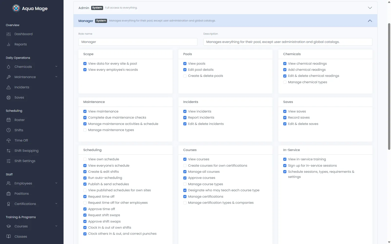 The Aqua Mage role editor with the Manager role expanded, its permissions grouped into scope, pools, chemicals, maintenance, incidents, saves, scheduling, courses and in-service