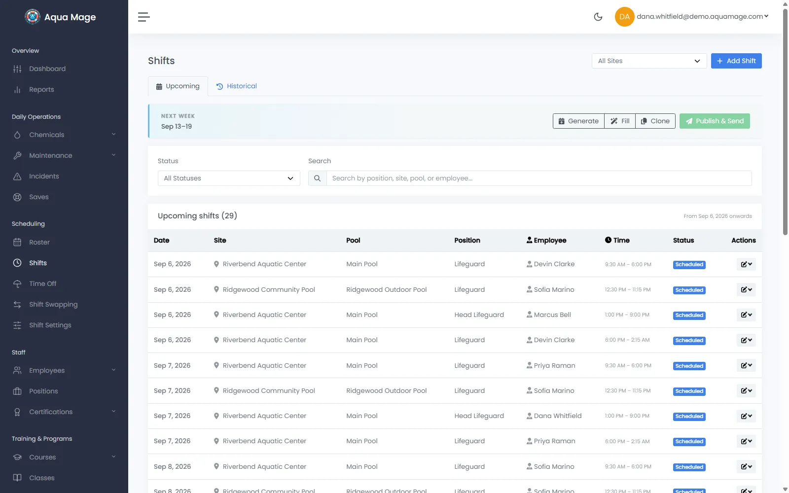 The Aqua Mage upcoming shifts list across two sites, each row carrying the date, site, pool, position, assigned employee, time and status, with next week ready to generate and publish